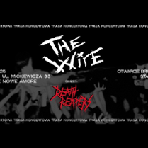 Informacje o koncercie TheWire i Death Reapers z logami zespołów, w tle czarno białe zdjęcie tłumu na koncercie.