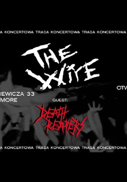Informacje o koncercie TheWire i Death Reapers z logami zespołów, w tle czarno białe zdjęcie tłumu na koncercie.
