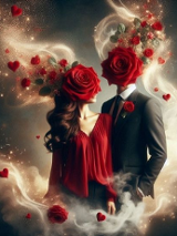 Plakat, kobieta w czerwonej sukni a ogromną różą zasłaniającą jej twarz i mężczyzna w garniturze, także z ogomną różą zasłaniającą jego twarz, dookoła obłoki pary.