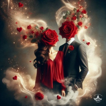 Plakat, kobieta w czerwonej sukni a ogromną różą zasłaniającą jej twarz i mężczyzna w garniturze, także z ogomną różą zasłaniającą jego twarz, dookoła obłoki pary.