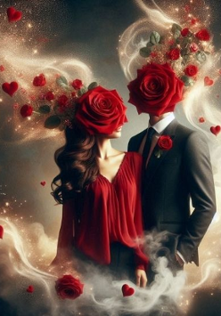 Plakat, kobieta w czerwonej sukni a ogromną różą zasłaniającą jej twarz i mężczyzna w garniturze, także z ogomną różą zasłaniającą jego twarz, dookoła obłoki pary.