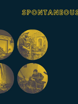 Granatowe tło z sześcioma żółtymi kółkami, w których znajdują się fotografie muzyków.