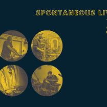 Granatowe tło z sześcioma żółtymi kółkami, w których znajdują się fotografie muzyków.