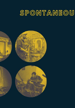 Granatowe tło z sześcioma żółtymi kółkami, w których znajdują się fotografie muzyków.