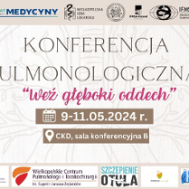Plakat informacyjny o konferencji pulmonologicznej "Weź głęboki oddech". Na plakacie są informacje o dacie wydarzenia, miejscu i o patronach wydarzenia.
