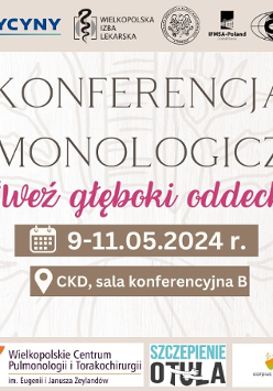 Plakat informacyjny o konferencji pulmonologicznej "Weź głęboki oddech". Na plakacie są informacje o dacie wydarzenia, miejscu i o patronach wydarzenia.