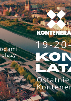 Widok z lotu ptaka na Wartę. Na lewym brzegu rozrywkowa przestrzeń KontenerART. Po prawej stronie brzegu budynki mieszkalne i Katedra Poznańska.