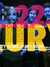 Plakat promujący koncert zespołu Kury, który odbędzie się 22 marca w poznańskim SARP Social Club. Grafika przedstawia czterech członków zespołu w niebieskiej kolorystyce na ciemnym tle, zdominowanym przez duży, żółty napis z nazwą grupy. Poniżej znajdują się szczegóły wydarzenia, w tym godziny koncertów (17:30 i 20:30) oraz cena biletów.
