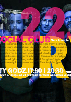 Plakat promujący koncert zespołu Kury, który odbędzie się 22 marca w poznańskim SARP Social Club. Grafika przedstawia czterech członków zespołu w niebieskiej kolorystyce na ciemnym tle, zdominowanym przez duży, żółty napis z nazwą grupy. Poniżej znajdują się szczegóły wydarzenia, w tym godziny koncertów (17:30 i 20:30) oraz cena biletów.