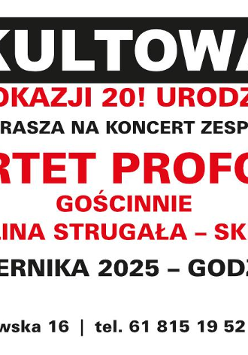 Informacje o koncercie Kwartetu Proforma w klubie Kultowa, czarno-czerwone na białym tle.
