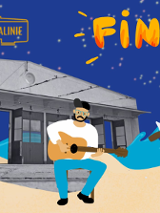 Osoba trzyma tort z cyfrą "10", muzyk gra na gitarze, 3 osoby płyną papierową łódką po fali. W tle budynek z napisem "Lato na Madalinie", nad całością kolorowy napis "Finał" na tle nocnego nieba z gwiazdami.