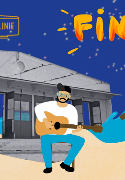 Osoba trzyma tort z cyfrą "10", muzyk gra na gitarze, 3 osoby płyną papierową łódką po fali. W tle budynek z napisem "Lato na Madalinie", nad całością kolorowy napis "Finał" na tle nocnego nieba z gwiazdami.