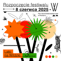 Plakat promujący Lato na Wildzie, w centralnej części abstrakcyjny bukiet zrobiony z kolorowych kół zębatych, dookoła latające owady.