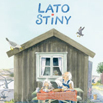 Okładka książki, sielankowy obrazek, drewniany domek a przed nim para siedząca na ławeczce.