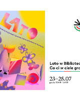 Kolorowy plakat przedstawiający owady takie jak motyle, gąsienica i ślimak. Plakat wklejony w białe tło. Po prawej czany napis "Lato w bIbliotece. Co ci w ciele gra? 23-25.07".