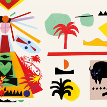 Kolorowe rysunki: palma, bizon, namiot.