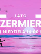 Plakat, na różowym tle palmy, morze, plaża i człowiek ze szpadą, napisy informujące o wydarzeniu