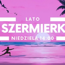 Plakat, na różowym tle palmy, morze, plaża i człowiek ze szpadą, napisy informujące o wydarzeniu