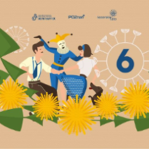 Baner, na girlandzie z kwiatów tańczą rysunkowe postaci, z boku duży dmuchawiec, a w nim cyfra 6.