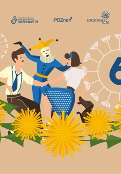 Baner, na girlandzie z kwiatów tańczą rysunkowe postaci, z boku duży dmuchawiec, a w nim cyfra 6.
