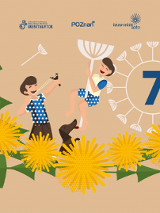 Grafika przedstawia dwójkę chłopców, którzy bawią się kwiatami. Jeden z nich celuje z procy, a drugi buja się na kwiecie dmuchawca, Oboje stoją na wianku związanym z mleczy.