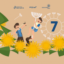 Grafika przedstawia dwójkę chłopców, którzy bawią się kwiatami. Jeden z nich celuje z procy, a drugi buja się na kwiecie dmuchawca, Oboje stoją na wianku związanym z mleczy.