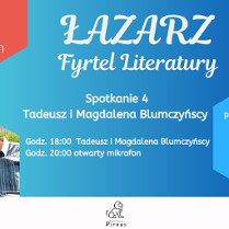 Plakat informujący o spotkaniu "Łazarz Fyrtel Literatury" z udziałem Tadeusza i Magdaleny Blumczyńskich. Wydarzenie odbędzie się w piątek, 27 marca 2026 r. o godz. 18:00 w Przystanku Pireus przy ul. Głogowskiej 35 w Poznaniu.