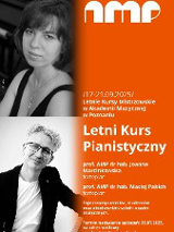 Plakat, który reklamuje Letni Kurs Pianistyczny, po lewej stronie czarno-białe zdjęcia prowadzących kurs, po prawej napisy, informujące o wydarzeniu.