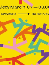 Geometryczny wzór kolorowych, rusunkowych ludzi na żółtym tle, informacje o wydarzeniu.