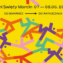 Geometryczny wzór kolorowych, rusunkowych ludzi na żółtym tle, informacje o wydarzeniu.