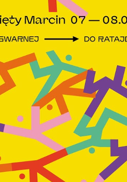 Geometryczny wzór kolorowych, rusunkowych ludzi na żółtym tle, informacje o wydarzeniu.