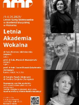 Plakat, który reklamuje Letnią Akademię Wokalną 2025. Po prawej stronie czarno-białe zdjęcia osób prowadzących warsztaty, po lewej stronie napisy informujące o wydarzeniu.