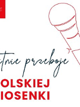 Grafika promująca Letnie przeboje polskiej piosenki. Na białym tle czerwony szkic mikrofonu oraz tytuł wydarzenia.