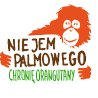 Logo: Orangutan tryzma tabliczkę z napisem: Nie jem palmowego chronię orangutany.