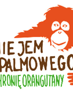 Logo: Orangutan tryzma tabliczkę z napisem: Nie jem palmowego chronię orangutany.