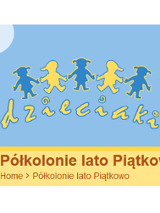 Na górze żólte i niebieskie figurki dzieci na błekitnym tle. Na dole brazowy napis na żółtym tle.