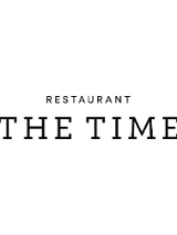 Napis Restaurant The Time w kolorze czarnym na białym tle.