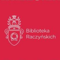 Na czerwonym tle białe logo Biblioteki Raczyńskich wraz z nazwą.