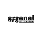Na białym tle czarne logo "galerii Miejskiej Arsenał".