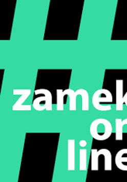 Na czarnym niebieski hasztag i biały napis "zamek online".