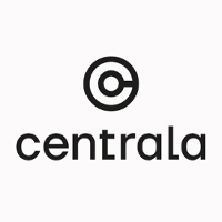 Logo galerii Centrala. Dwa czarne kręgi z jedną poprzeczną kreską łączącą je po prawej stronie. Poniżej napis "centrala".