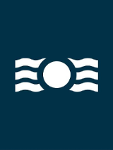 Logo przypominające fale i słońce jako biała grafika na granatowym tle.