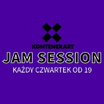 Na fioletowym tle logo KontenerART i napis "Kontenerartjam session każdy czwartek od 19".