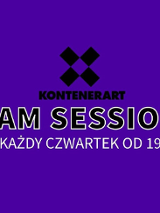 Na fioletowym tle logo KontenerART i napis "Kontenerartjam session każdy czwartek od 19".