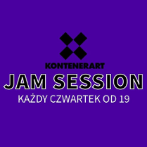 Na fioletowym tle logo KontenerART i napis "Kontenerartjam session każdy czwartek od 19".