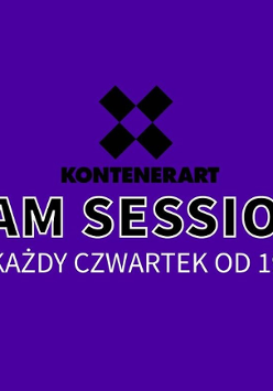 Na fioletowym tle logo KontenerART i napis "Kontenerartjam session każdy czwartek od 19".