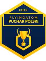Figura sześciokąta. W środku na granatowym tle żółty puchar, powyżej żółty napis: "Catan. Puchar Polski".