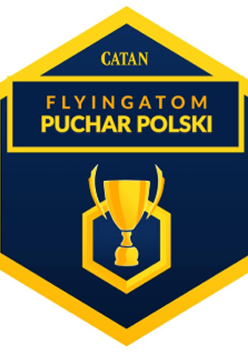 Figura sześciokąta. W środku na granatowym tle żółty puchar, powyżej żółty napis: "Catan. Puchar Polski".