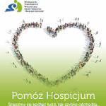Logo. Stojący ludzie tworzą serce. Pod spodem napis: "Pomóż Hospicjum".
