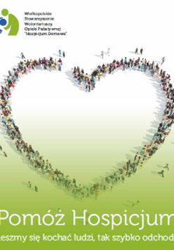 Logo. Stojący ludzie tworzą serce. Pod spodem napis: "Pomóż Hospicjum".